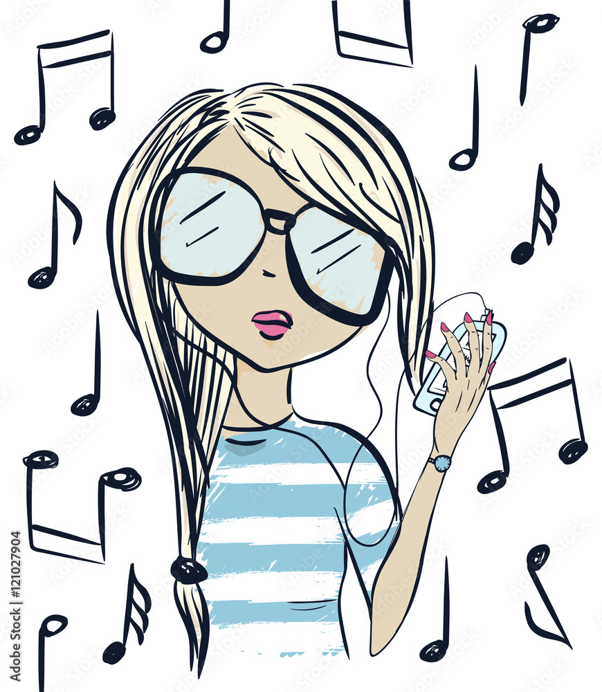 Cute fashionable blonde in sunglasses. Fashion girl sluchaet music. Vector Cute fashionable blonde in sunglasses. Fashion girl sluchaet music. Vector