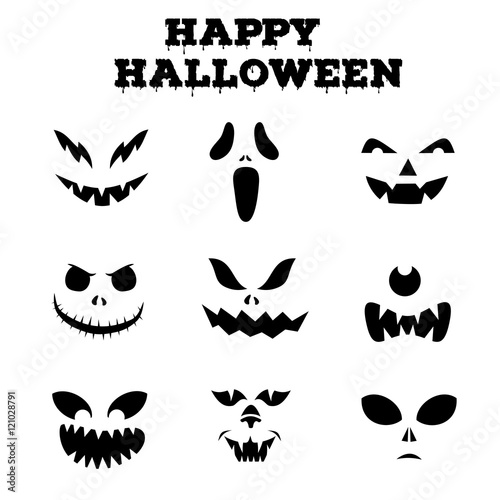 Collection of Halloween pumpkins carved faces silhouettes. Black and white images. Vector illustration