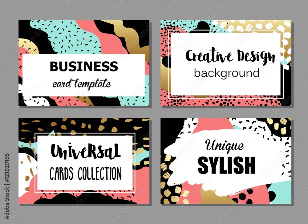 Set of artistic creative universal cards with hand drawn textures. Colorful design for wedding, birthday, Valentine's day, party, invitation, placard, poster, flyer, business. Bright colors design.