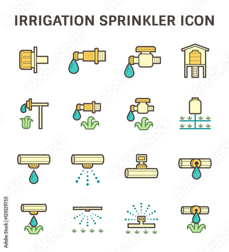 Irrigation system and watering by sprinkler vector icon set design.