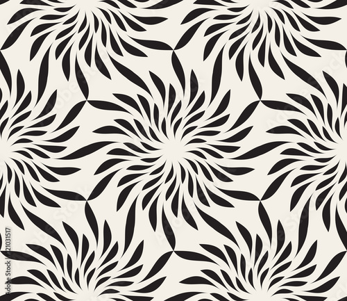 Vector Seamless Black and White Floral Shape Twirl Pattern