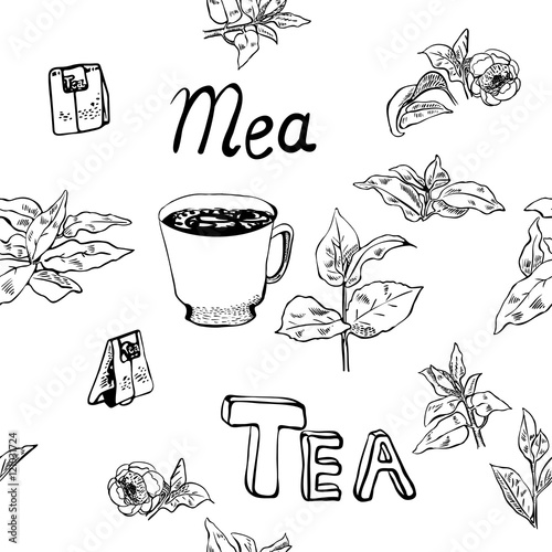 Seamless pattern with tea bags, cups, tea leaves and flowers