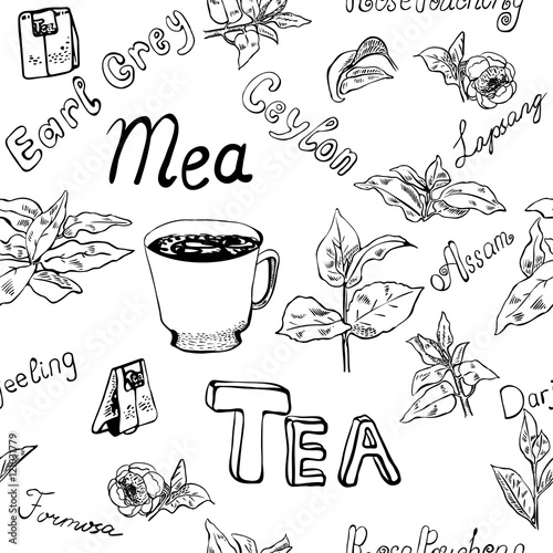 Seamless pattern with tea, flowers and tea leaves