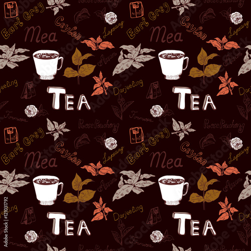 Seamless pattern with tea bags, cups, tea leaves and flowers