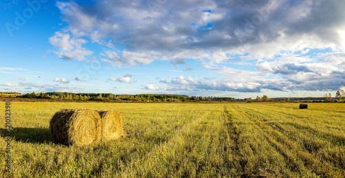 осеняя панорама сельского поля со скошенной травой на закате дня, Россия, Урал