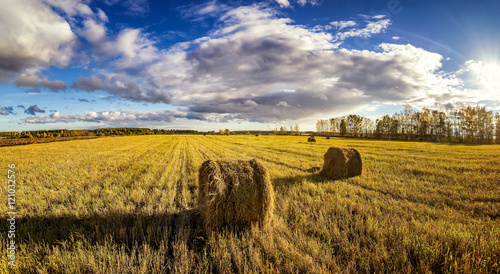 осеняя панорама сельского поля со скошенной травой на закате дня, Россия, Урал