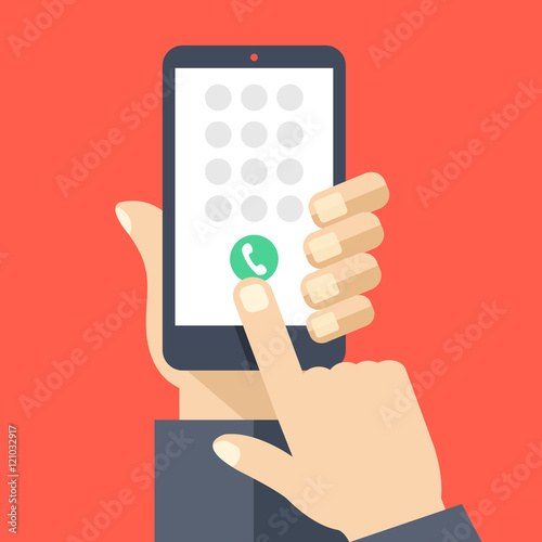 Keypad on smartphone screen. Mobile phone call. Hand holds smartphone, finger touches screen. Modern concept. Creative flat design vector illustration