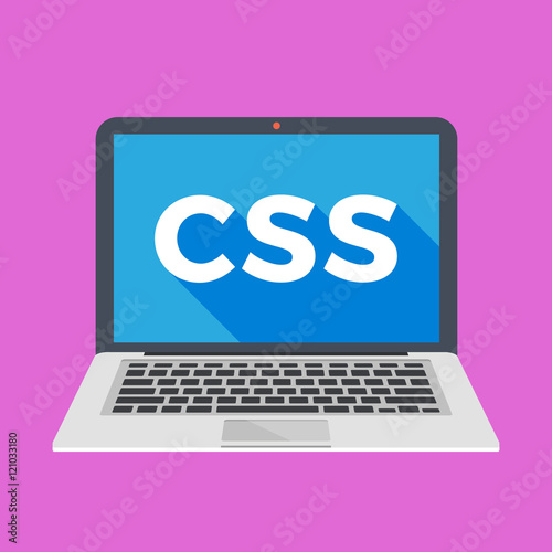 Laptop with CSS word on screen. Learn CSS, web development, coding, programming concepts. Trendy long shadow flat design. Colorful creative graphic elements. Vector illustration