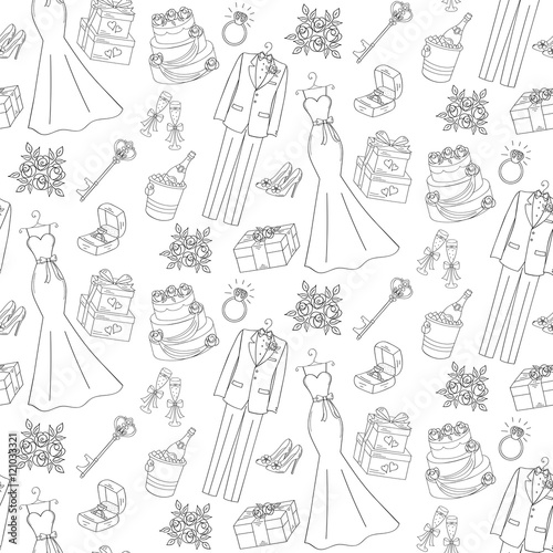 Wedding vector seamless background with hand drawn icons wedding dress, suit, cake, bouquet, engagement ring, shoes, gift box, champagne, key.