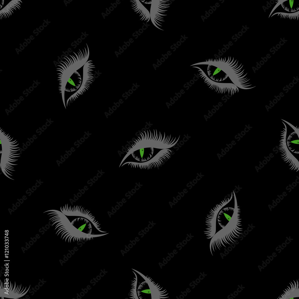 seamless pattern, design hypnosis, eye vector. Graphics for your creativity. The idea of wrapping paper for a gift. Print on T-shirt. Red outline on black background.