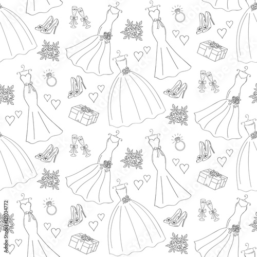 Wedding vector seamless background with hand drawn icons wedding dresses, shoes, roses, engagement ring, champagne cups, hurts, gift box.