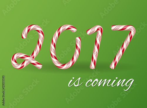 2017 New year card. Christmas Candy cane text effect. Creative colorful lettering. Striped sugar digits. Holiday vector illustration on a green background. Flyer, poster template for celebration.