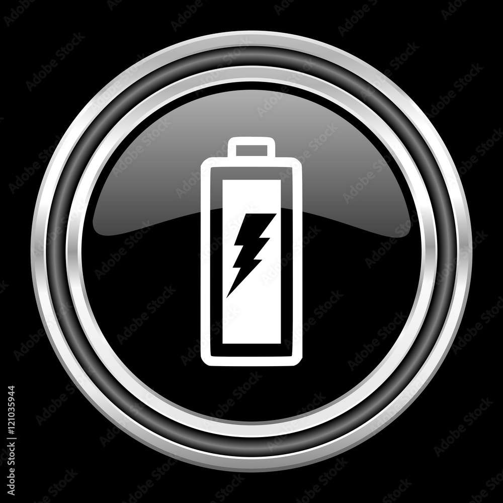 battery silver chrome metallic round web icon on black background battery silver chrome metallic round web icon on black background