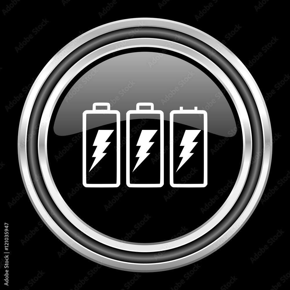 battery silver chrome metallic round web icon on black background battery silver chrome metallic round web icon on black background