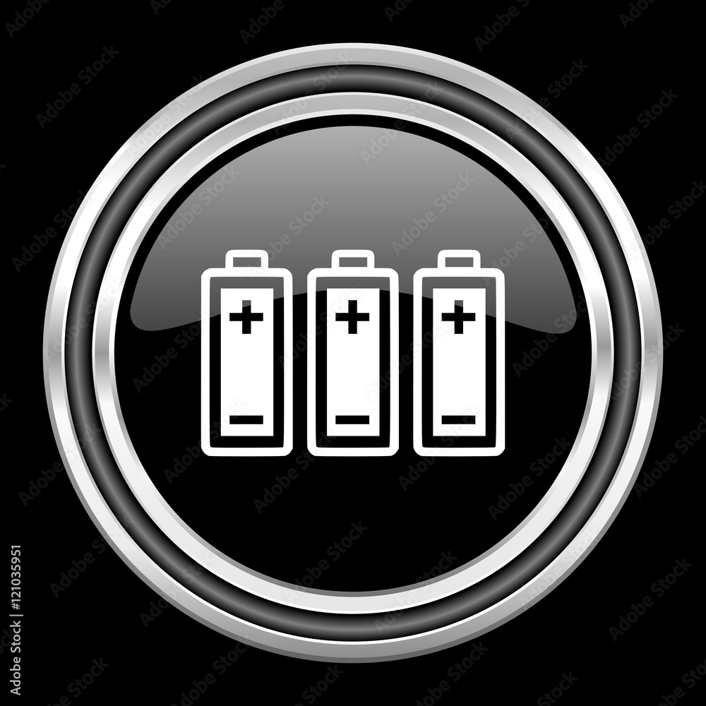 battery silver chrome metallic round web icon on black background