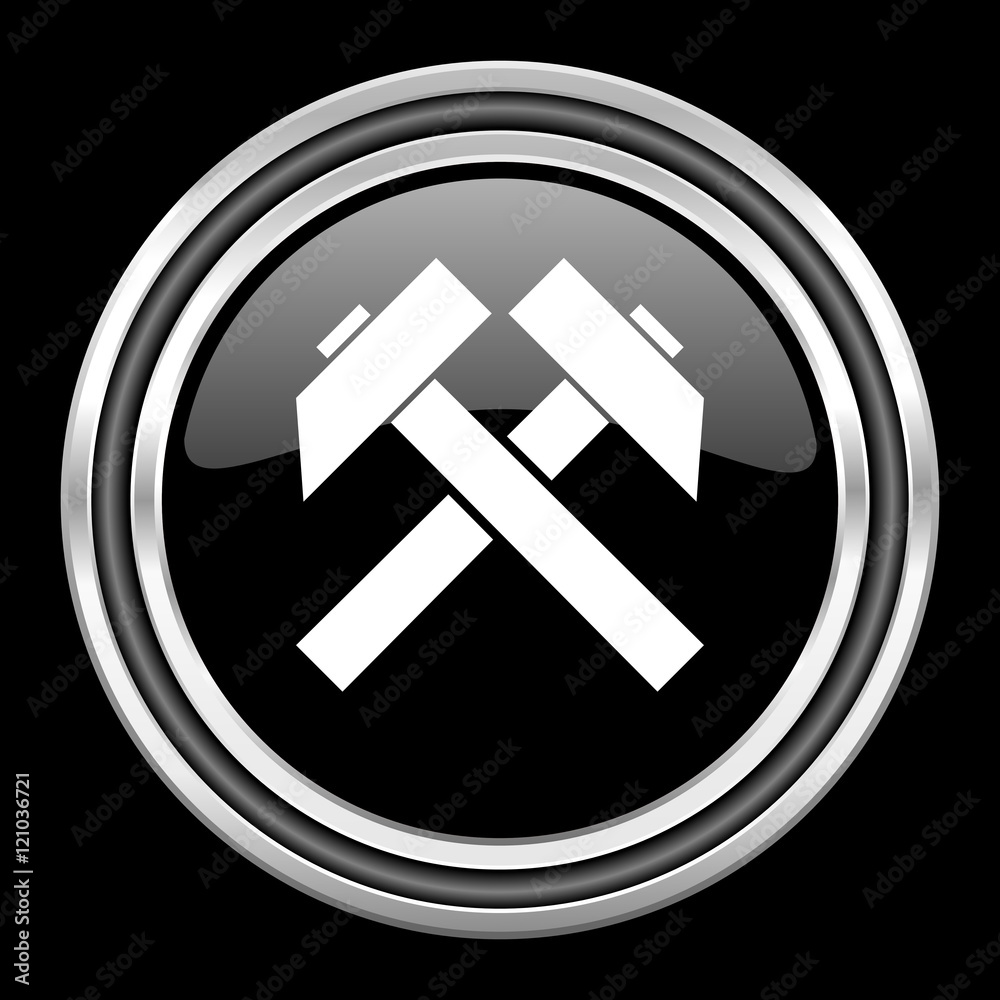 mining silver chrome metallic round web icon on black background mining silver chrome metallic round web icon on black background