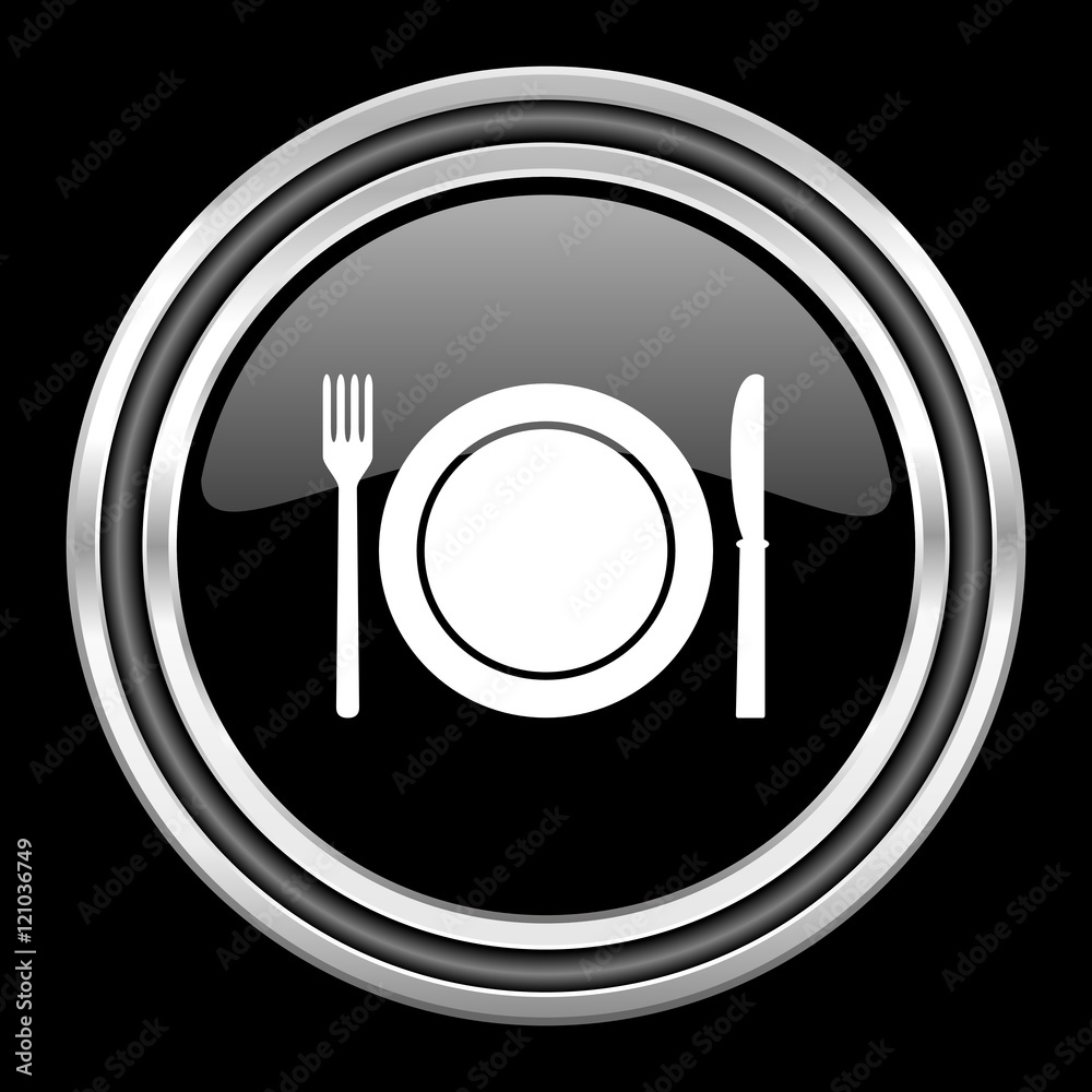 restaurant silver chrome metallic round web icon on black background restaurant silver chrome metallic round web icon on black background