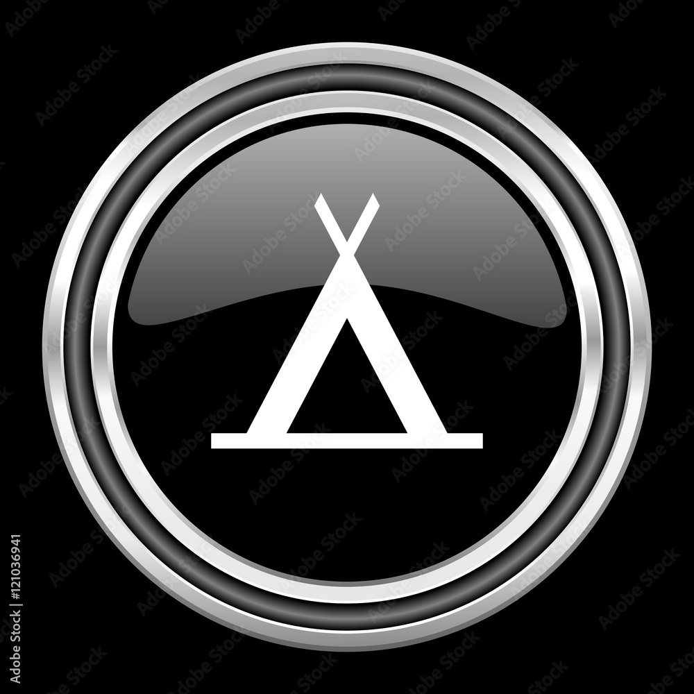 camp silver chrome metallic round web icon on black background camp silver chrome metallic round web icon on black background