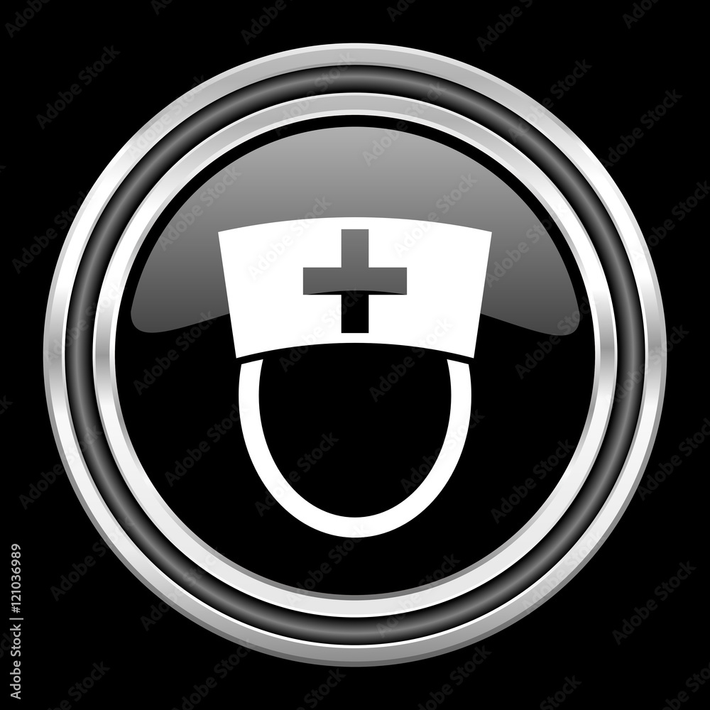 nurse silver chrome metallic round web icon on black background nurse silver chrome metallic round web icon on black background