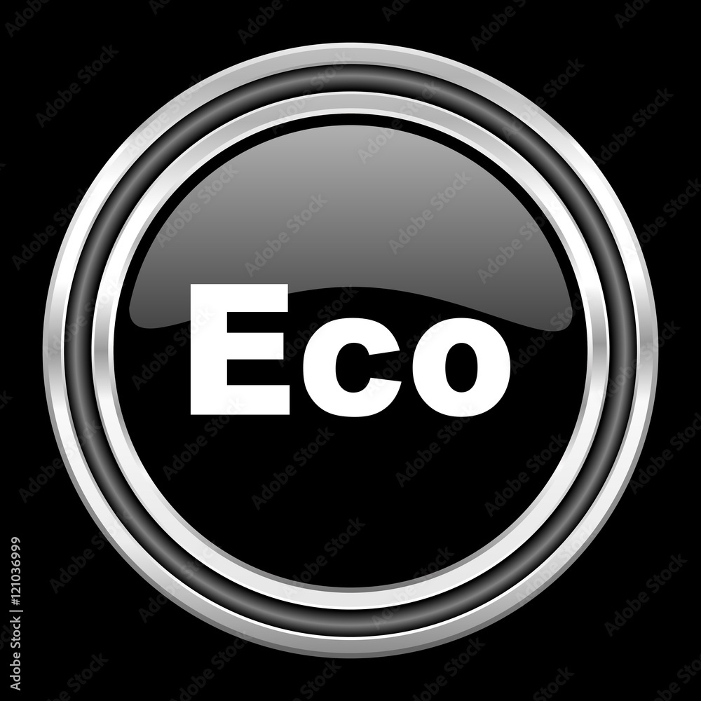 eco silver chrome metallic round web icon on black background eco silver chrome metallic round web icon on black background