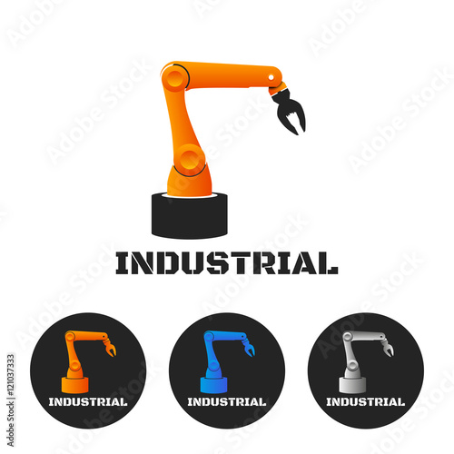 Industrial logo concept with robotic arm, vector illustration, mechanical hand