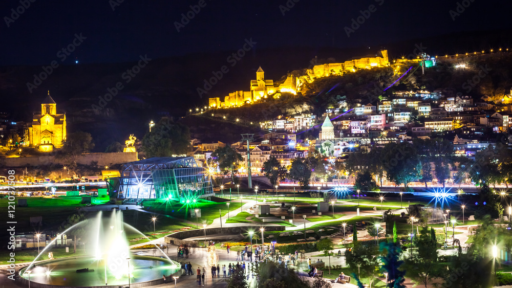 Aerial night view of Old Tbilisi, Georgia with Illuminated churc