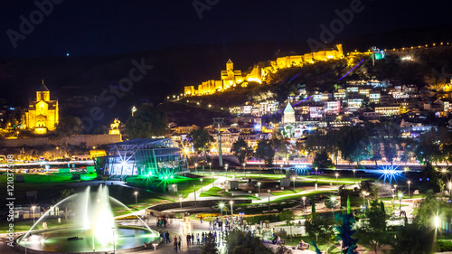 Aerial night view of Old Tbilisi, Georgia with Illuminated churc