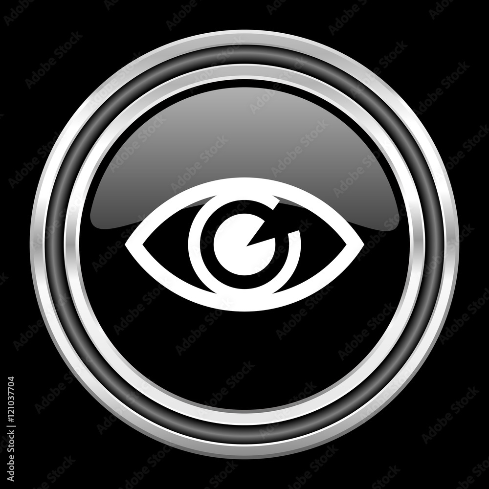 eye silver chrome metallic round web icon on black background
