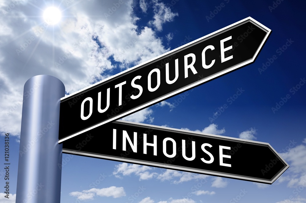 Obraz premium Singpost illustration, two arrows - inhouse, outsource