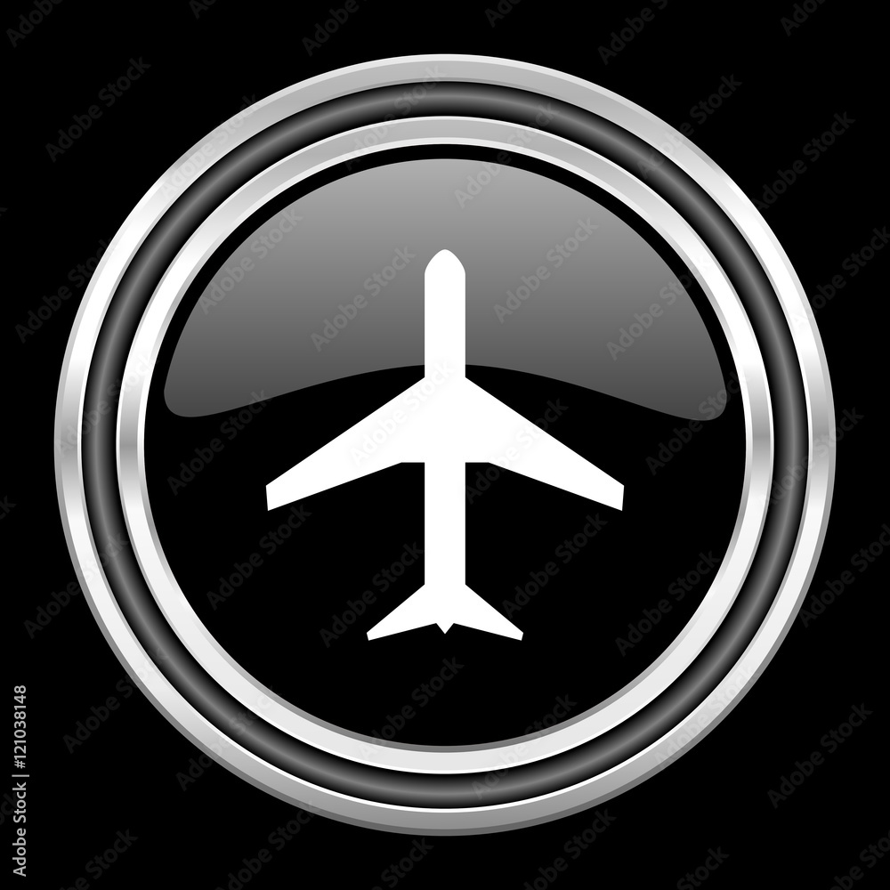 plane silver chrome metallic round web icon on black background plane silver chrome metallic round web icon on black background