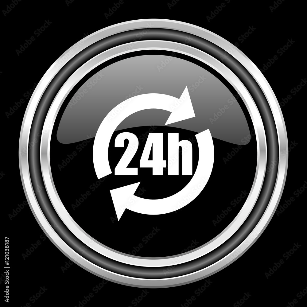 24h silver chrome metallic round web icon on black background 24h silver chrome metallic round web icon on black background