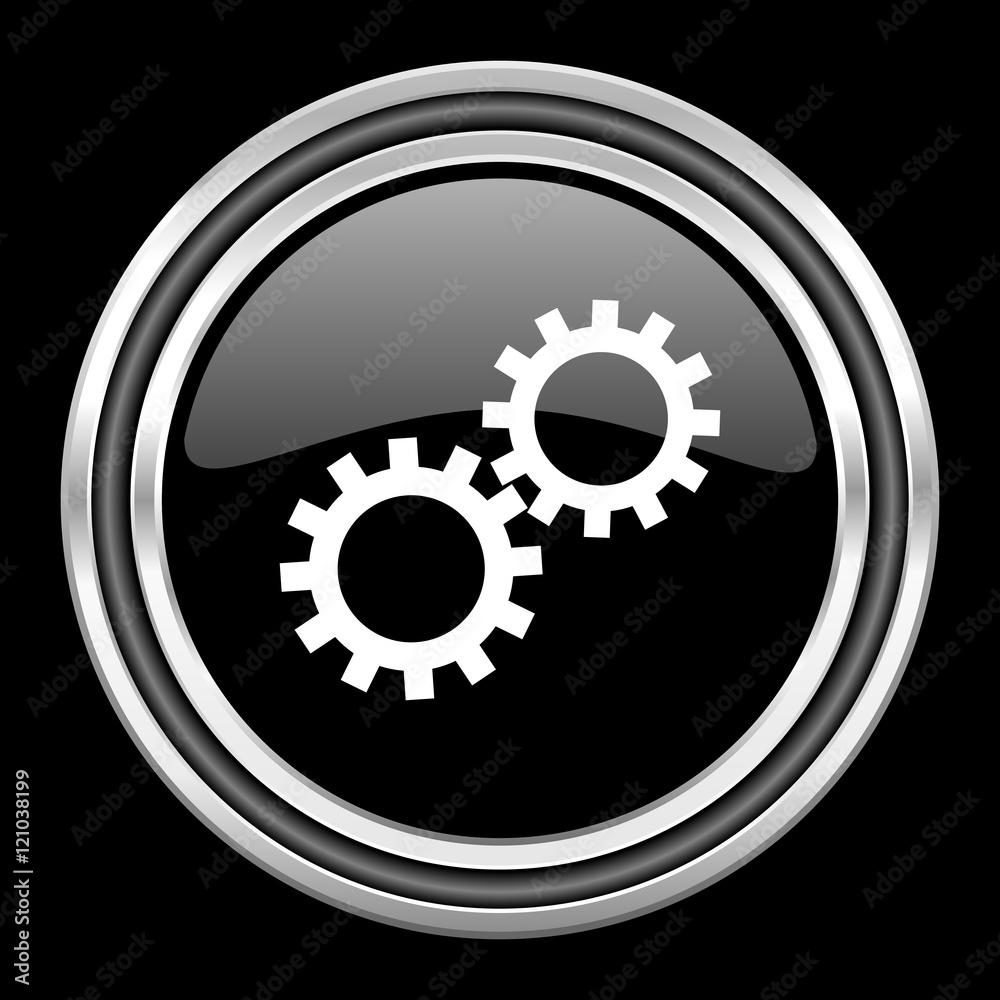gear silver chrome metallic round web icon on black background gear silver chrome metallic round web icon on black background