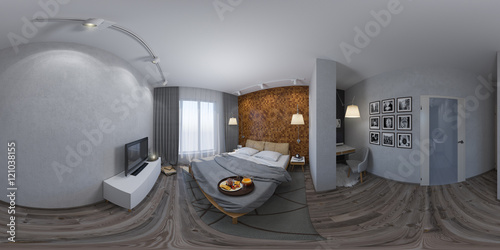 3d illustration seamless panorama of bedroom interior design.