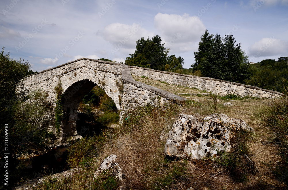 Ponte antico in pietra con masso e sterpaglie in primo piano