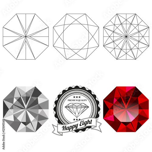 Set of happy eight cut jewel views isolated on white background - top view, bottom view, realistic ruby, realistic diamond and badge. Can be used as part of logo, icon, web decor or other design.
