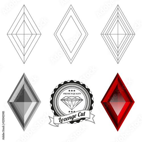 Set of lozenge cut jewel views isolated on white background - top view, bottom view, realistic ruby, realistic diamond and badge. Can be used as part of logo, icon, web decor or other design