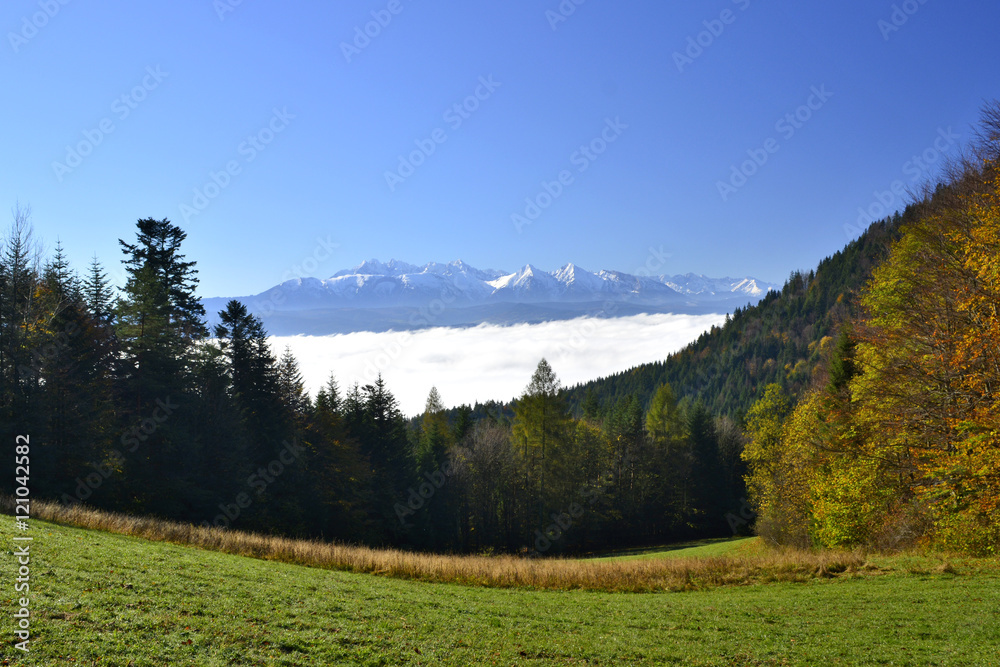 Widok na Tatry z Pienin w jesienny poranek