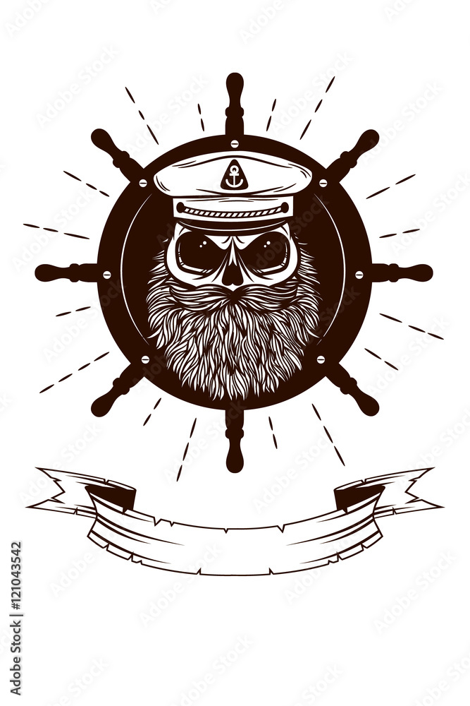 Vector skull Captain in a hat with a beard on a background of sea helm.  Black and white Tattoo, Logo sailor Scull Stock Illustration | Adobe Stock