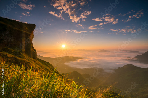Beautiful Sunrise over a Silhouetted Horizon on  phu chi fa , ch