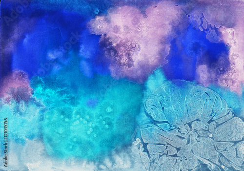 Watercolor abstract textured blue background. Template for design, scrapbooking