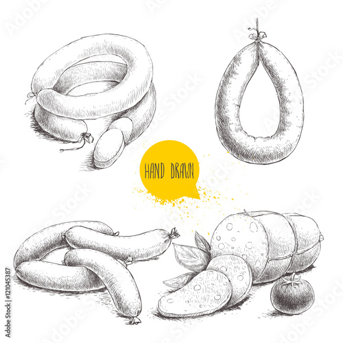 Hand drawn sketch style sausages  set. Organic meat food. Vintage illustration isolated on white background