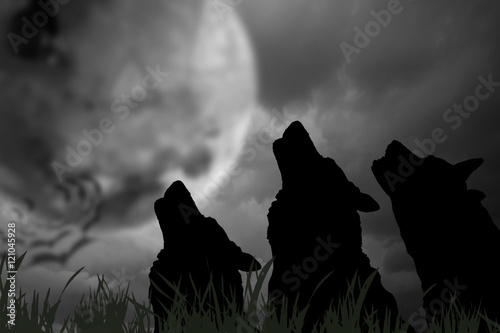 Wolf / Silhouette of wolves with moon at night. Digital retouch.