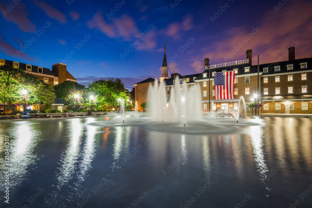 Fountains and City Hall at night, at Market Square, in Old Town,