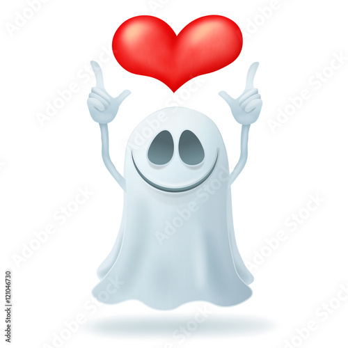Smiley cartoon ghost character with heart