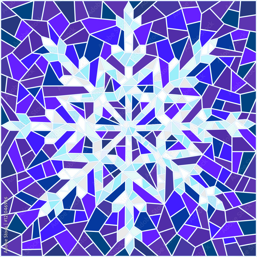 Illustration in stained glass style with snowflake in blue colors