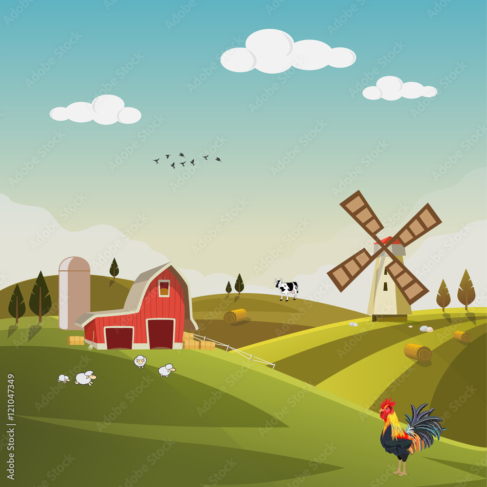 Farm field flat countryside landscape. Organic food agriculture concept for any design. Farmland with farm house, hay bale, barn, mill, windmill, sheep, cow, Background vector illustration.