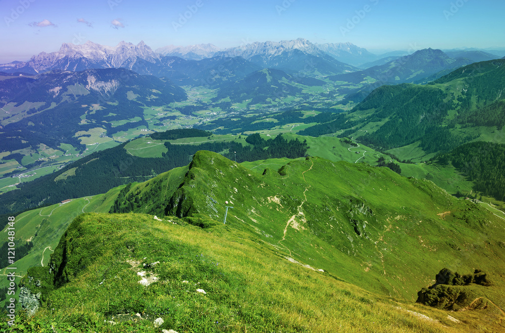 Green landscape  from Kitzbuhel peak,Tirol, Alps mountains