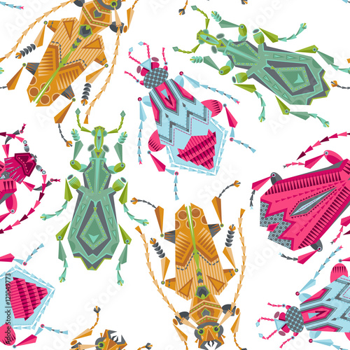 Multi-colored ornamental bugs on a white background. Seamless background pattern.