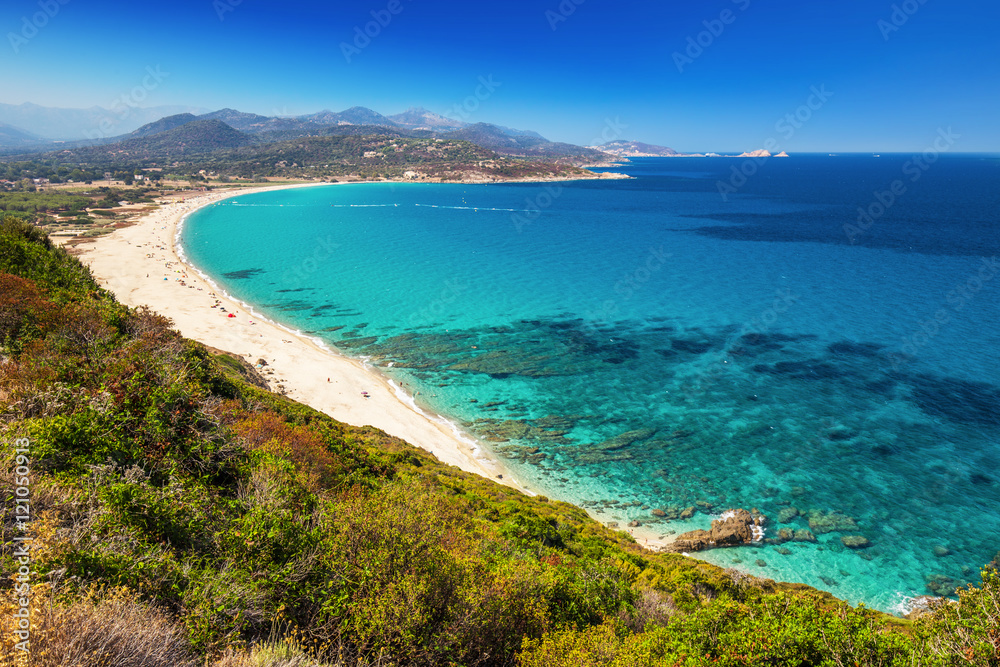 Beautiful view to Plage de Lozari near Lile Rousse on Corsica