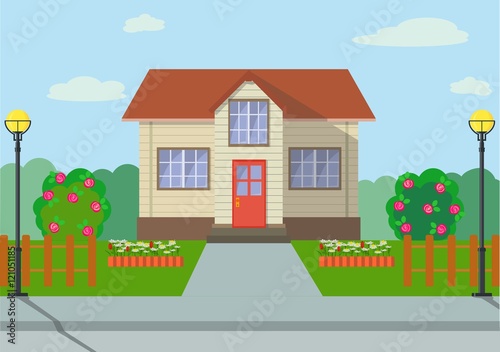 Country eco house with flower beds, rose bushes and lanterns in a flat style. Vector illustration